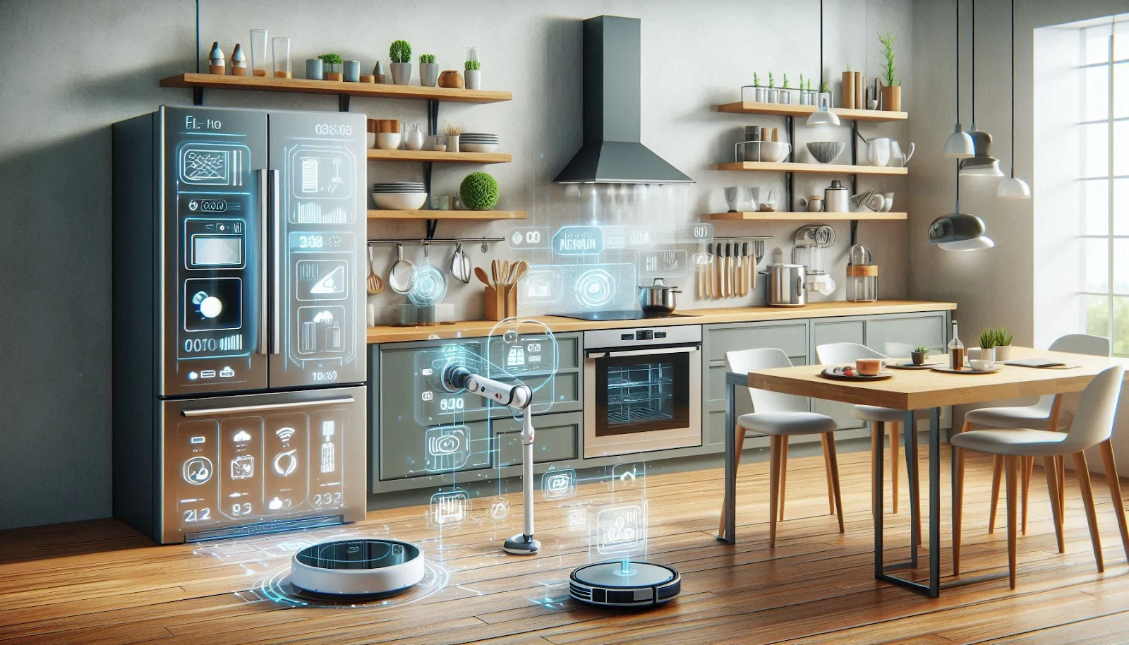 Smart kitchen appliances like refrigerators, ovens, and robotic vacuums in action