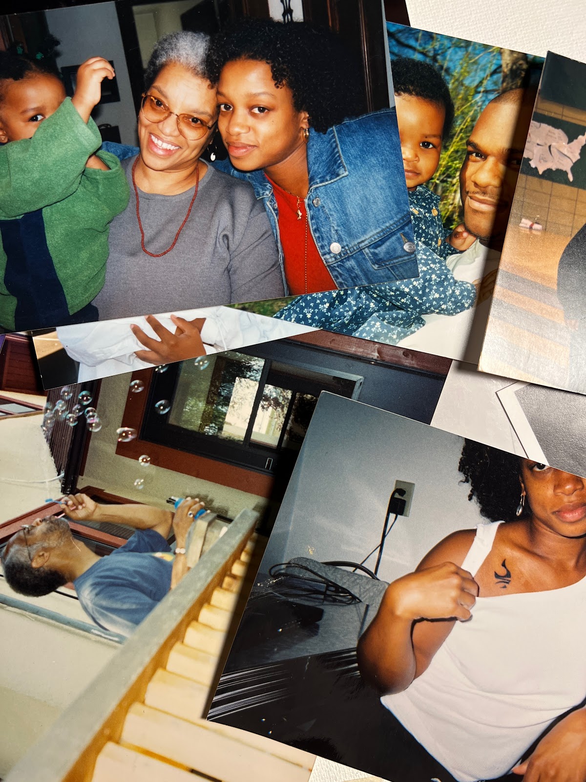 Image: Photo collage of various family members in different locations. Top left:  Yonci, Beverly, Kenna. Top Right: Yonci and their father. Middle Left: William Cottman blowing bubbles. Bottom right: Kenna showing off her tattoo, photographed by Yonci. Photo courtesy of writer.