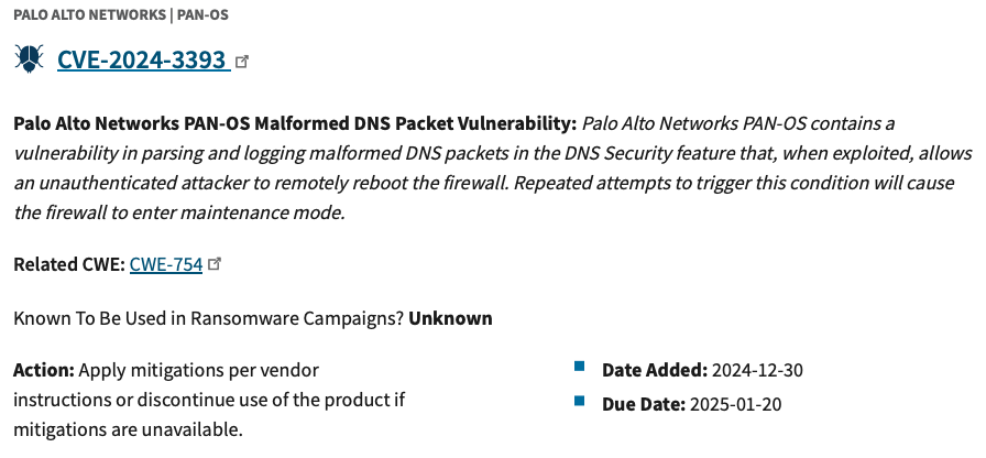 CISA added CVE-2024-3393 to its Known Exploited Vulnerabilities (KEV) catalog.