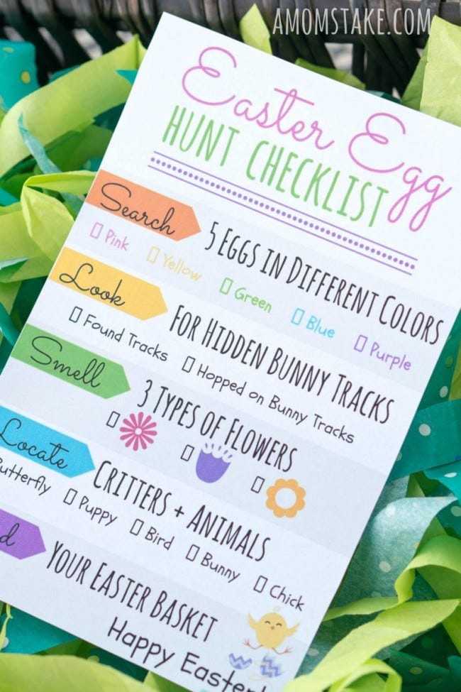 easter egg hunt ideas, paper that read, easter egg hunt checklist