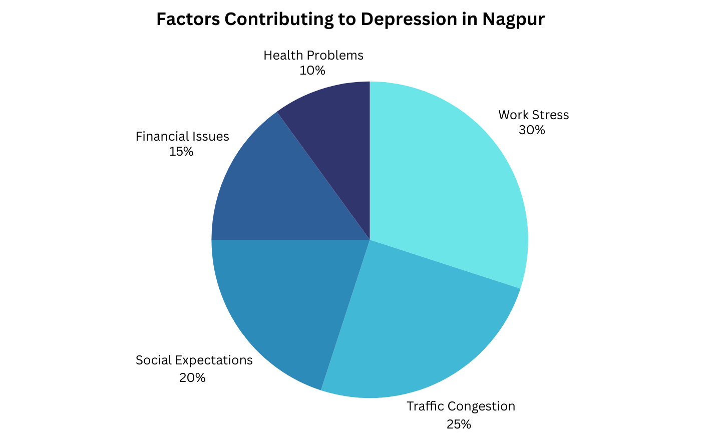 Pie chart showing factors contributing to depression in Nagpur: work stress, traffic, social norms, health.