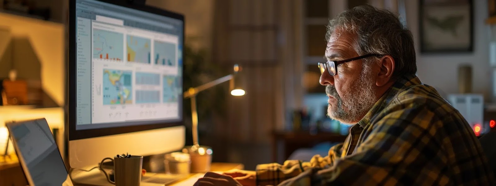 a homeowner comparing federal flood insurance and private insurance options while looking at data on a computer screen.