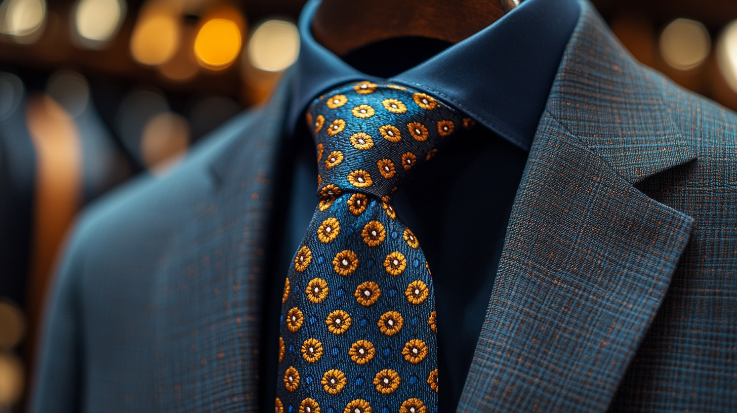 A close-up image of a patterned tie, featuring stripes or polka dots, neatly hung on a hanger. The tie adds a fun, creative touch to a black suit, making it ideal for casual or semi-formal events. Bright lighting highlights the patterns. Ultra-detailed, 8K resolution.