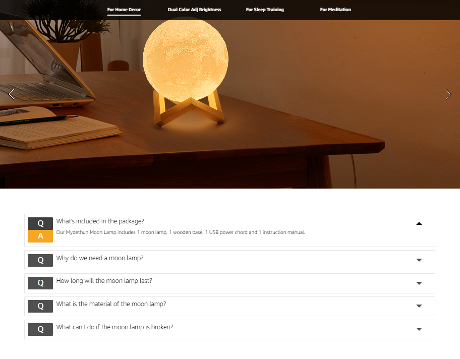 Moon lamp FAQs on Amazon, part of EBC offering.