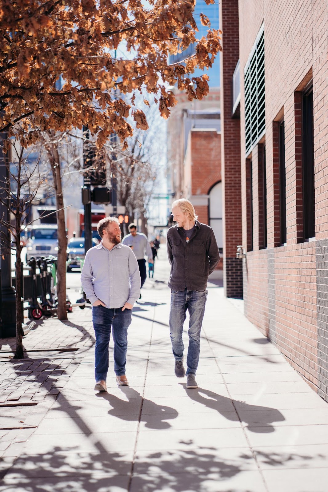 Focused cofounders walking together