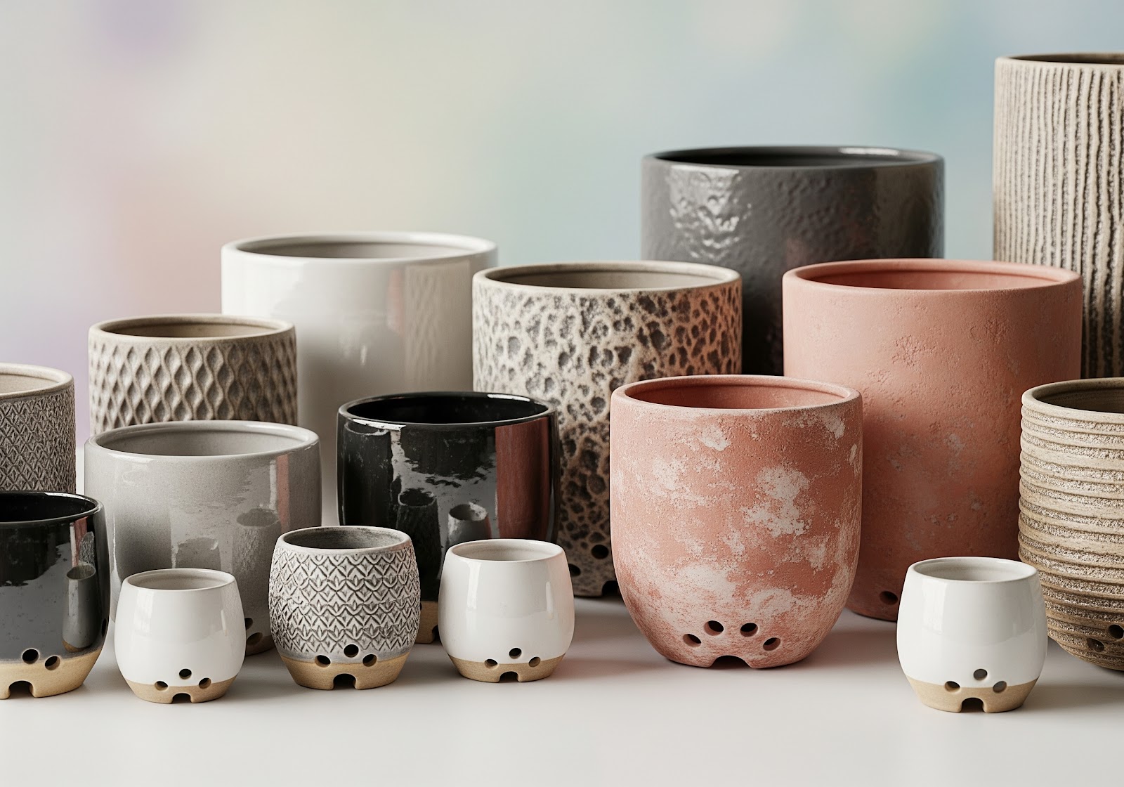 Uma seleção de vasos de diferentes materiais e tamanhos, alguns com furos de drenagem visíveis na parte inferior.