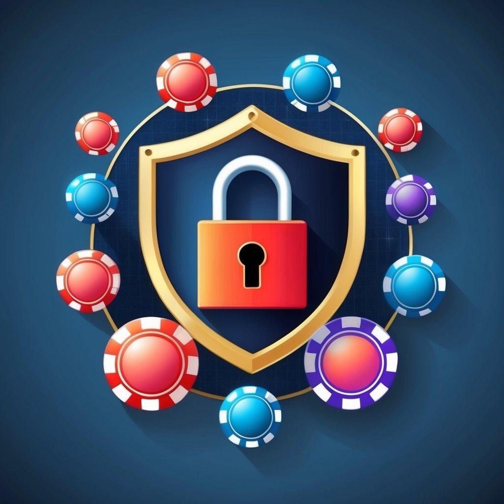 A secure lock icon surrounded by gambling-related symbols, with a shield protecting it from potential threats