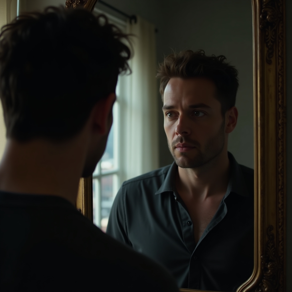 Man looking at his reflection in the mirror with a contemplative expression, symbolizing self-awareness and emotional acceptance