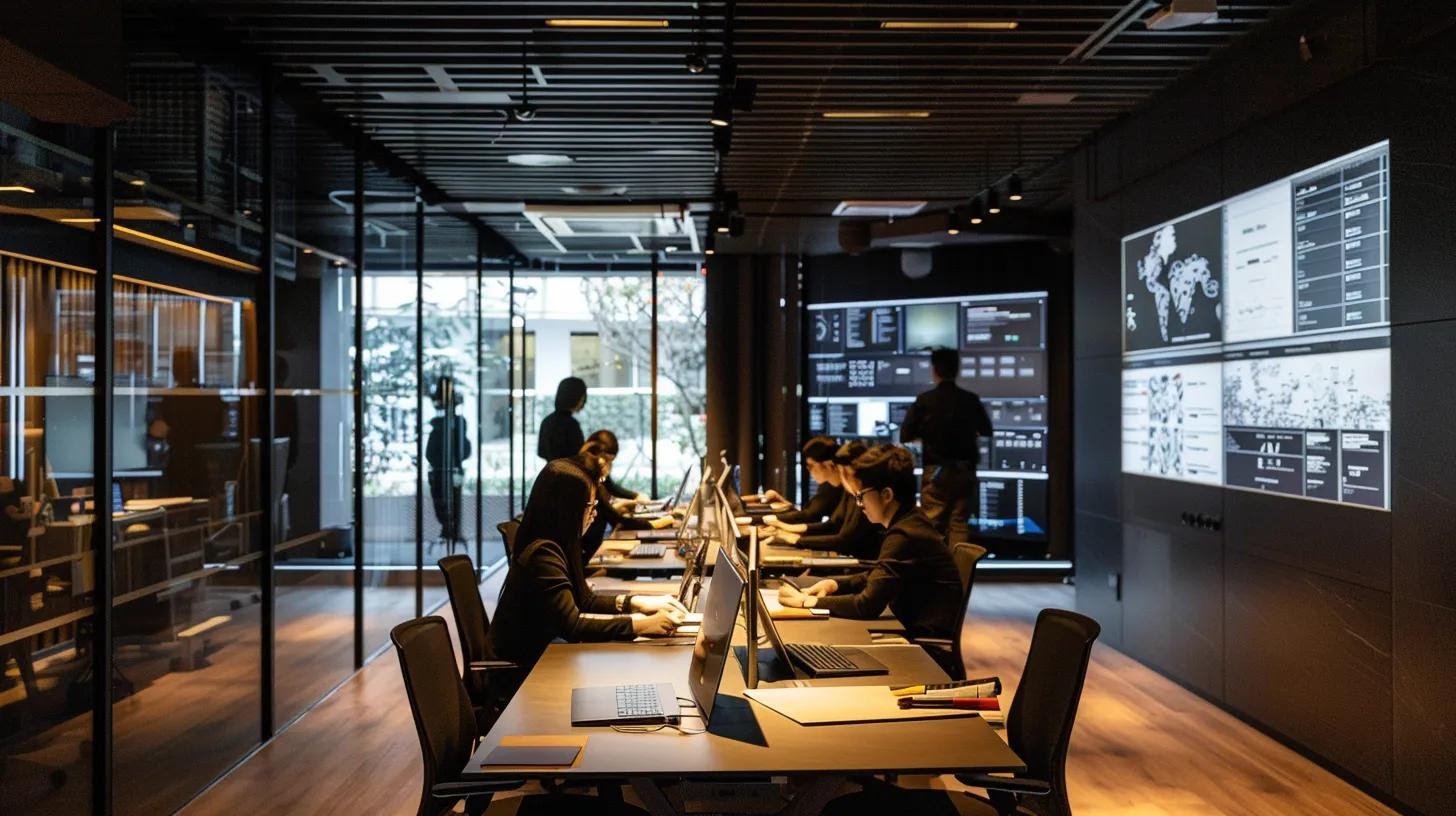 a sleek, modern office environment features a team of professionals engaged with advanced ai technology on their screens, demonstrating seamless automation of sales tasks through captivating data analytics and chatbot interactions.