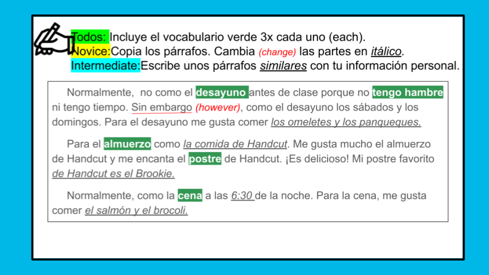 graphic organizer for differentiating writing in Spanish