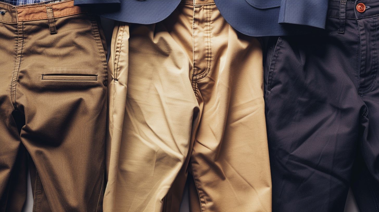 Casual look featuring cotton chinos; styled with a blazer or simple shirt; relaxed fit; appropriate for smart-casual occasions; neutral colors like khaki, navy, or olive