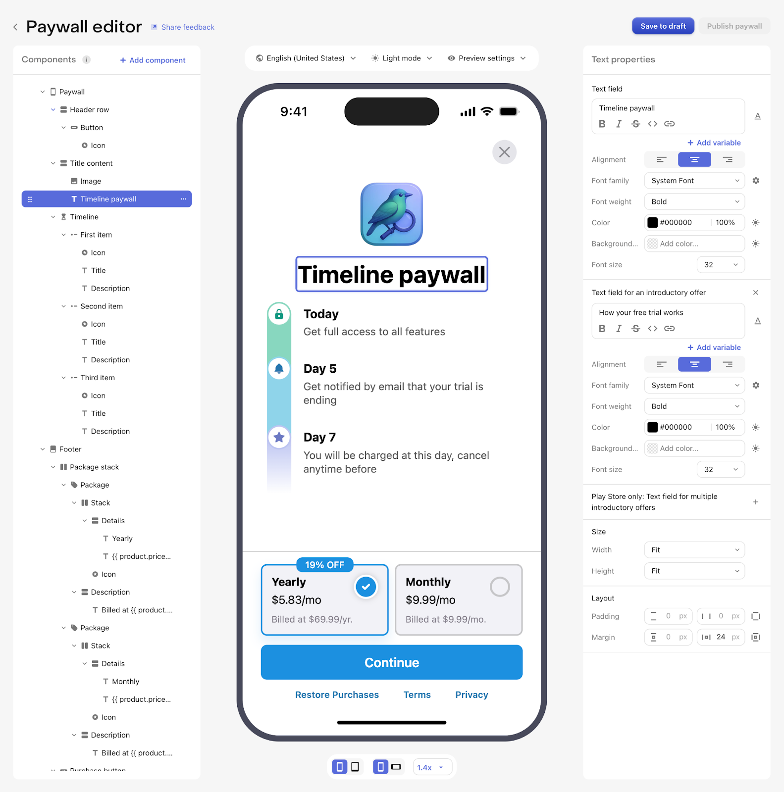 Example of the timeline paywall in RevenueCat paywall builder
