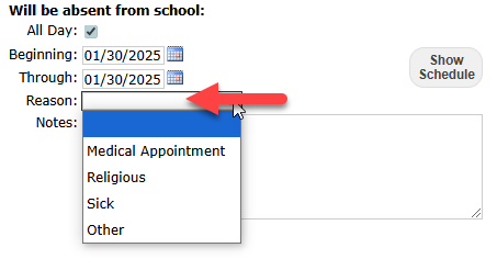 This image highlights how to select a reason for the absence.