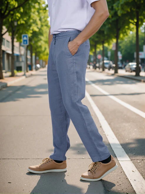 Linen Straight Fit Blue Casual Trouser