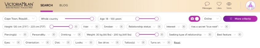 The Victoria Milan dating site's advanced search and filter options are displayed on the website page.