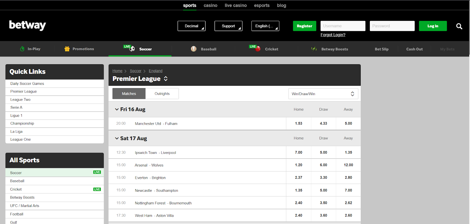 Betway Premier League Betting