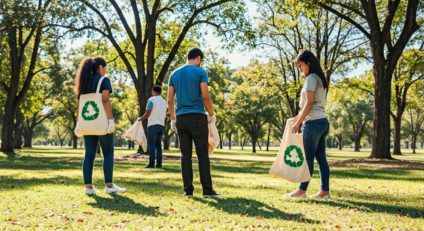 Community clean-up event with tote bags