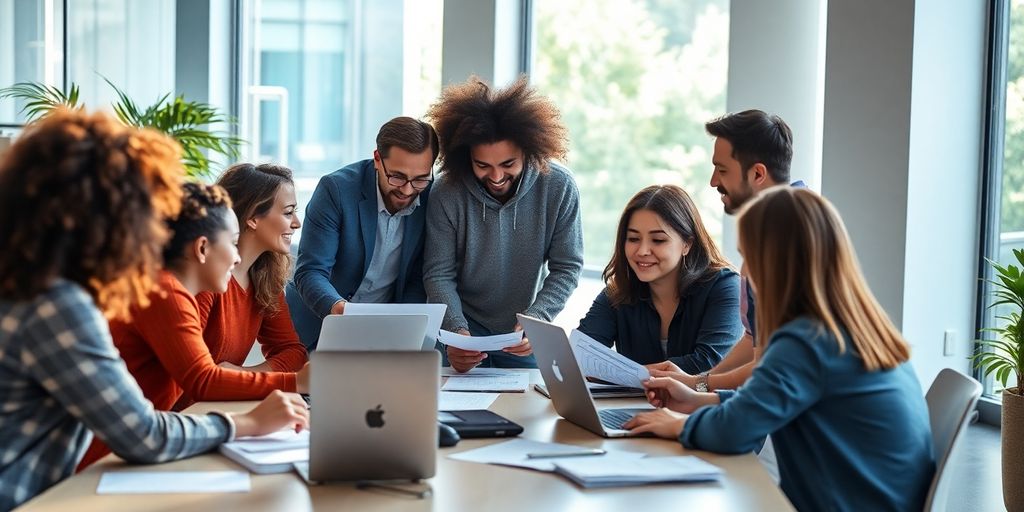 Team collaborating in a modern workspace.