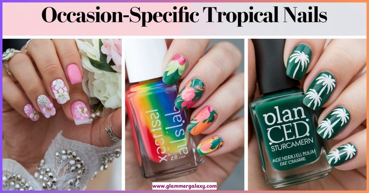 Three hands displaying tropical nail art with two nail polish bottles.