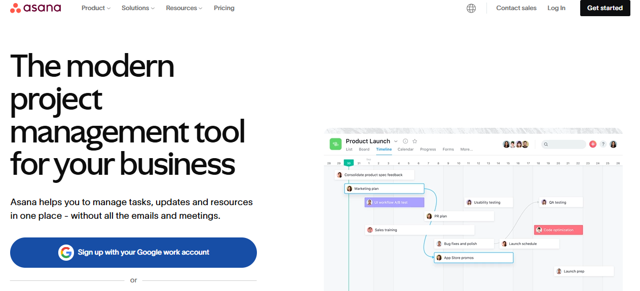 A snapshot of the homepage of Asana