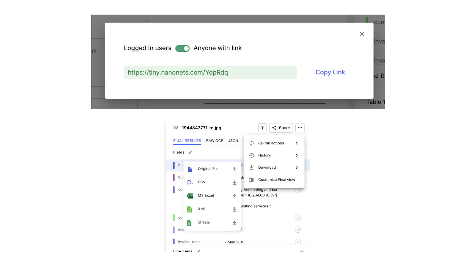 Export/Share extracted invoice data - Nanonets