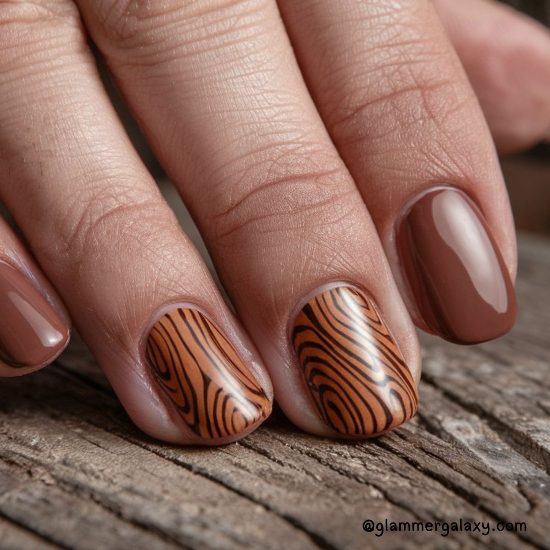 Bold Fall Nail Art Designs Having Brown Autumn Nails with Wood Grain Patterns
