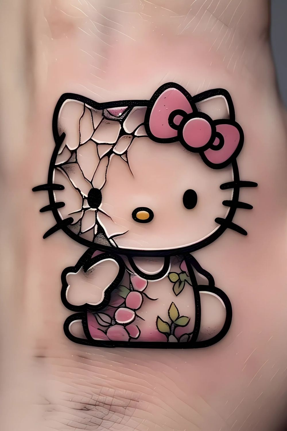 Hello Kitty with Broken Porcelain Effect Tattoo
