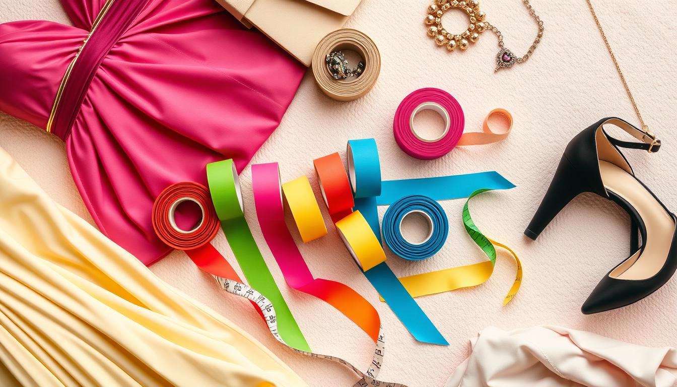 A stylish flat lay of various rolls of fashion tape in vibrant colors, surrounded by elegant dresses, accessories like high heels and jewelry, and a measuring tape, all set against a soft, textured background that enhances the chic aesthetic.