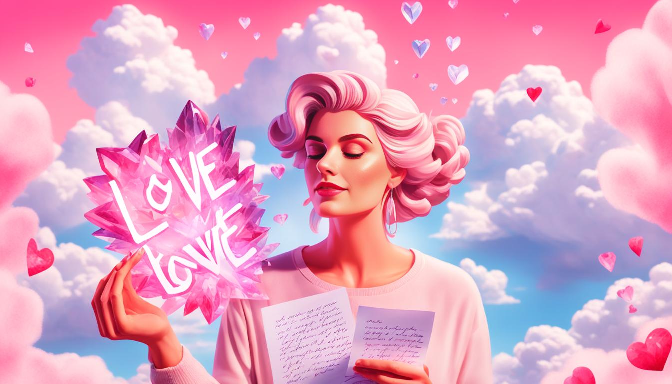 An image of a person holding a crystal in one hand and a piece of paper in the other, while visualizing their crush's affection. The crystal emits a warm, pink light that surrounds the person, and the paper has affirmations written on it in beautiful calligraphy. In the background, there are clouds that spell out the word "love" and hearts floating around.