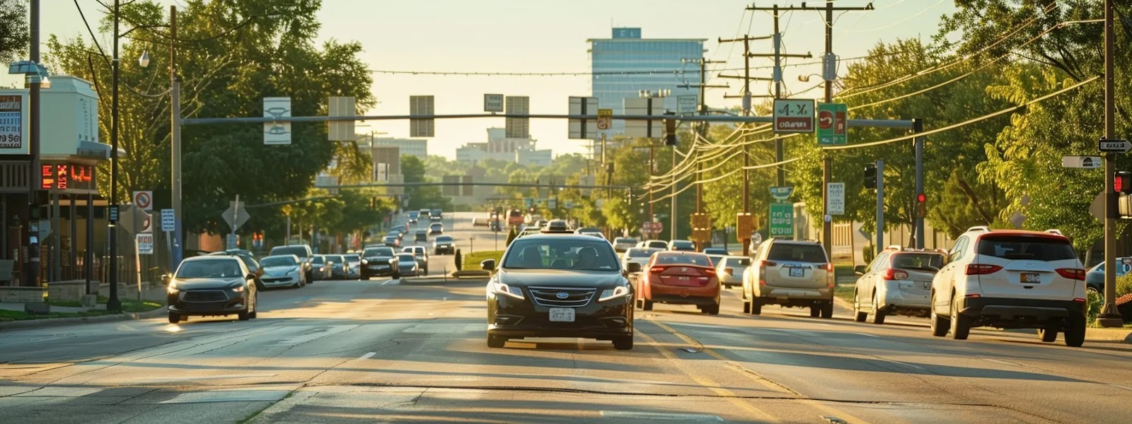 a car driving confidently on a busy tulsa road, surrounded by numerous uninsured and underinsured motorists, highlighting the need for comprehensive coverage.