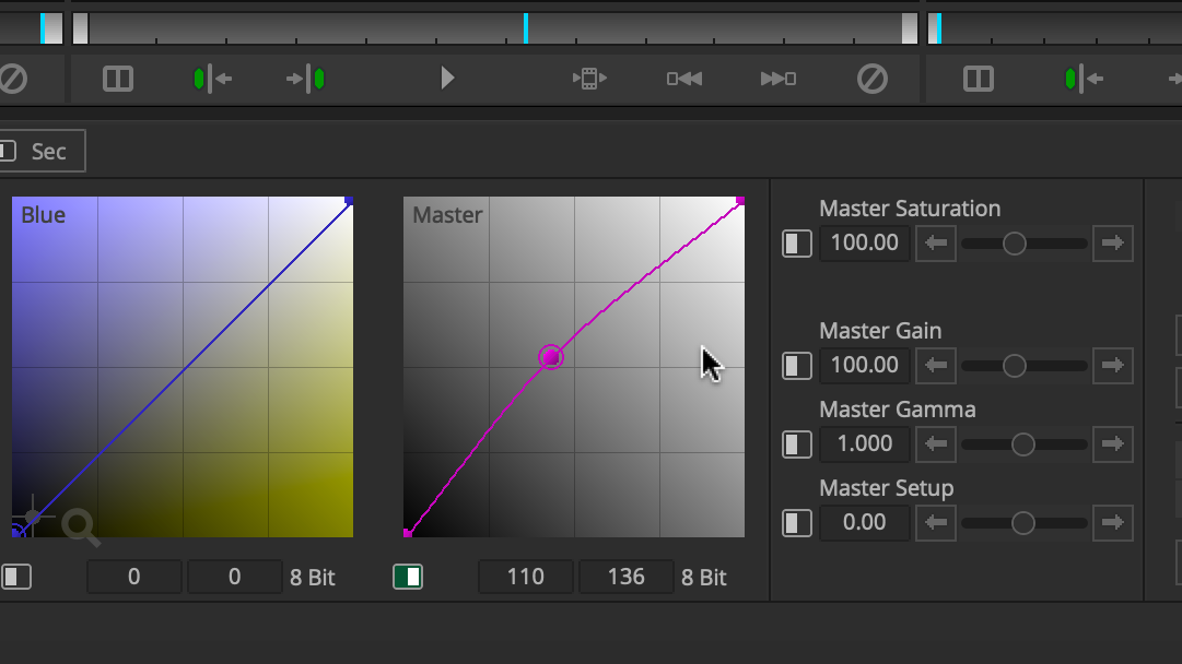 Color Correction tool with two graphs. The Blue graph has a straight blue line going from the bottom-left corner to the top-right corner. The Master graph has a pink line curving up and to the right as it goes from the bottom-left corner to the top-right corner.