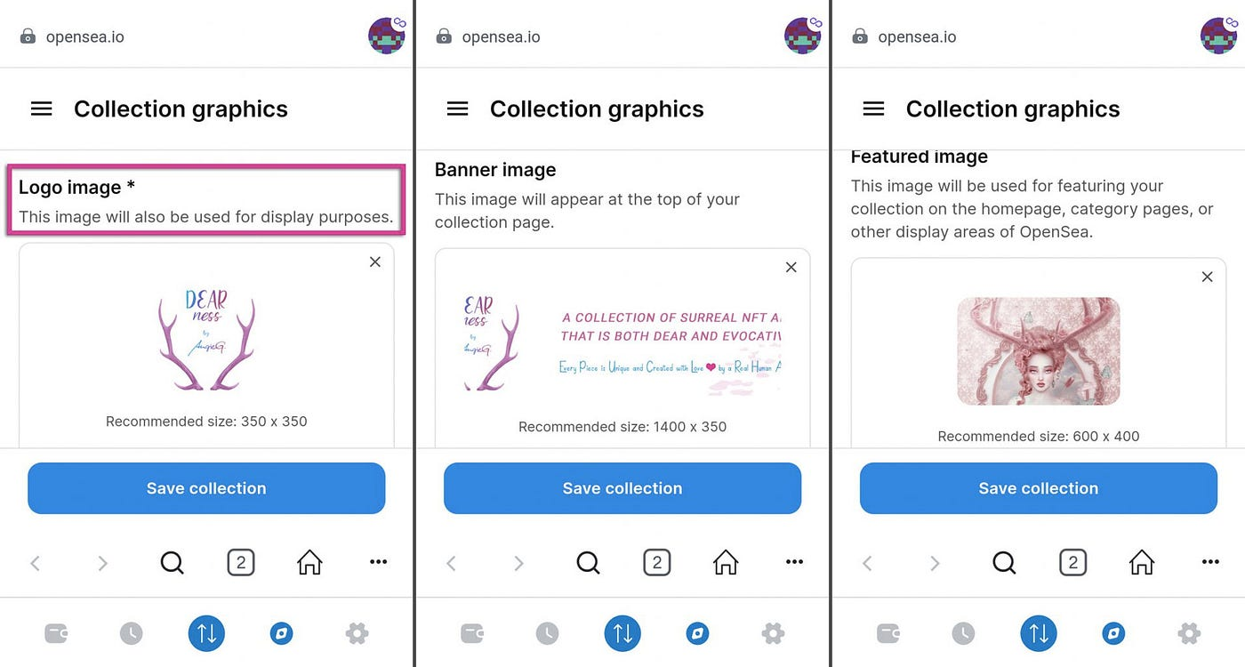 Three-step image of completing collection details on OpenSea