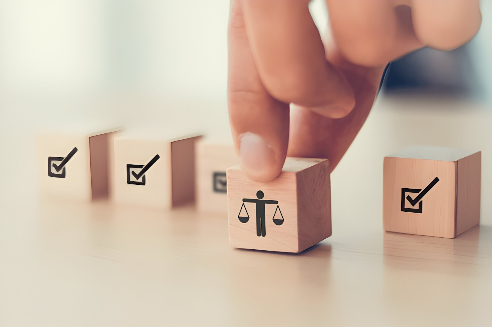 Hand picking a wooden block with a justice scale icon, symbolizing the role of a code of ethics as a guiding light in accounting.