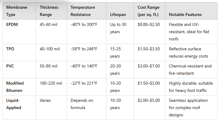 A comparison chart of different waterproof membranes for roofs. 