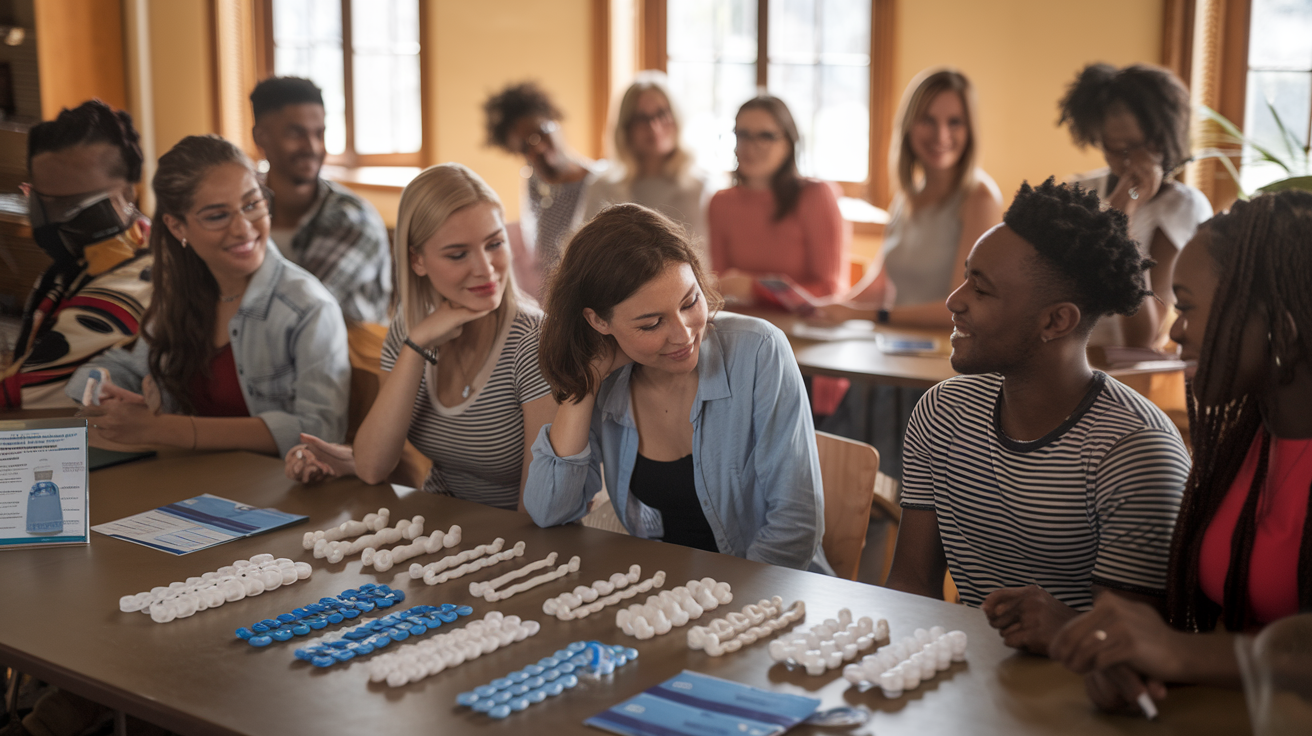 Create a realistic image of an educational setting with a diverse group of young adults (Asian female, Black male, White female) sitting in a semicircle, attentively viewing a table display of various contraception methods including condoms, dental dams, and birth control pills, with informational pamphlets nearby, in a warm, inviting classroom with soft natural lighting coming through windows, conveying a comfortable, non-judgmental atmosphere for learning about sexual health.