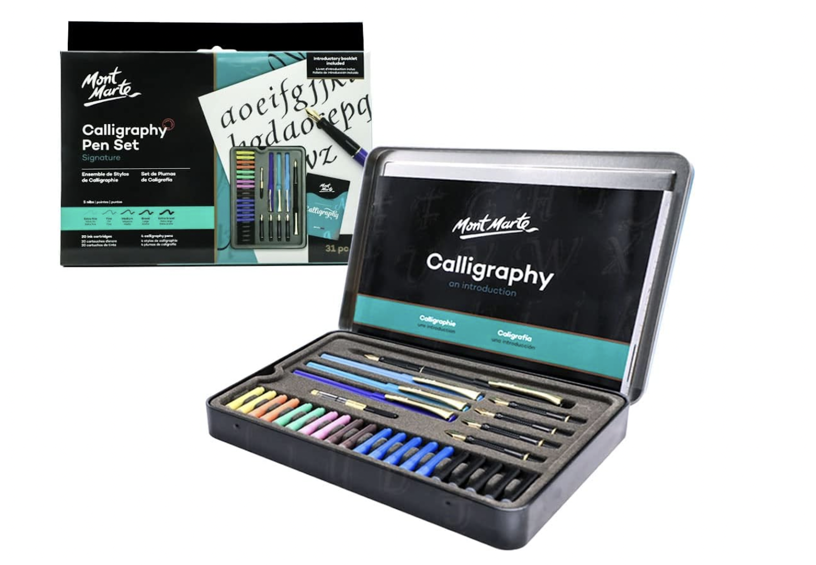 Mont Marte Calligraphy Set, 32 Piece. Includes Calligraphy Pens, Calligraphy Nibs, Ink Cartridges, Introduction Booklet and Exercise Booklet