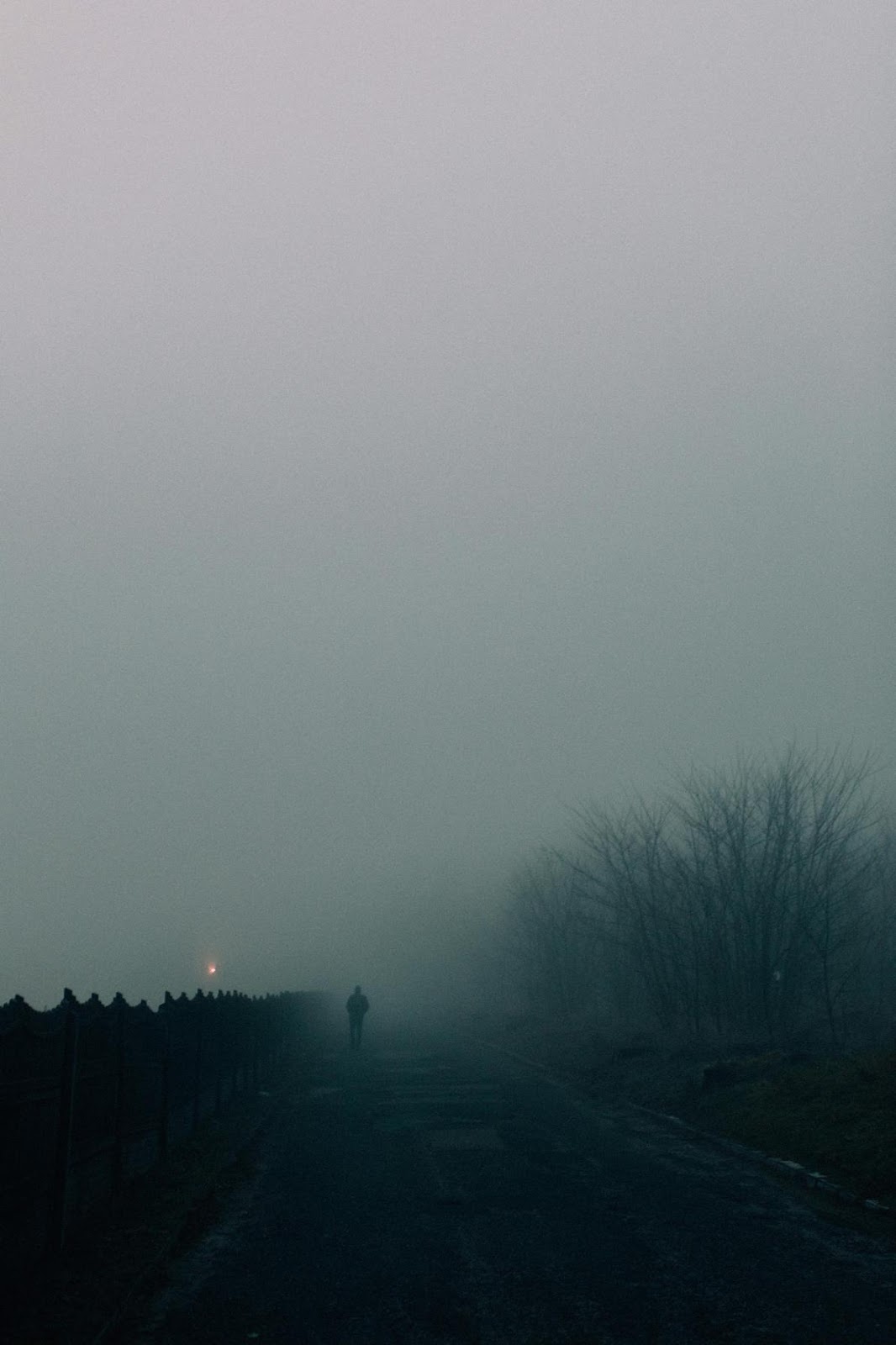 A person walking on a foggy road

Description automatically generated