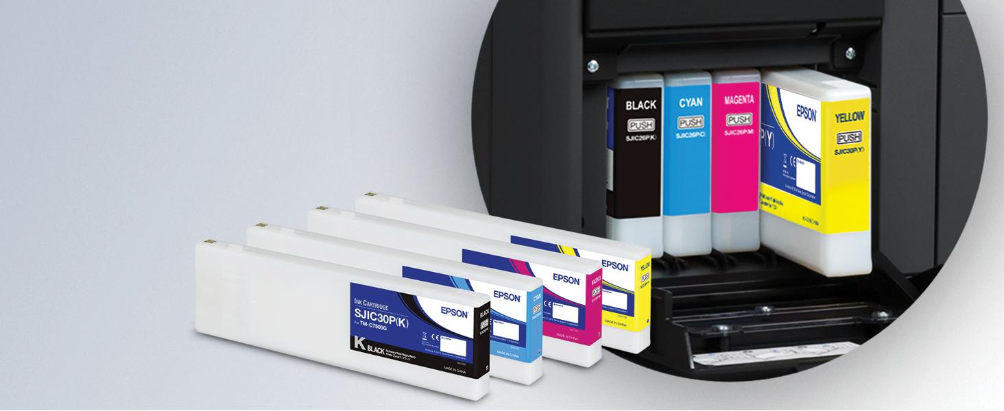 Close-up of Epson C7500 ink cartridges, showing individual colors