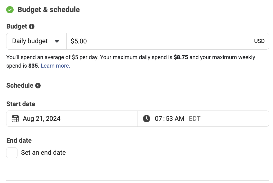 How to run Facebook ads - Set budget and schedule