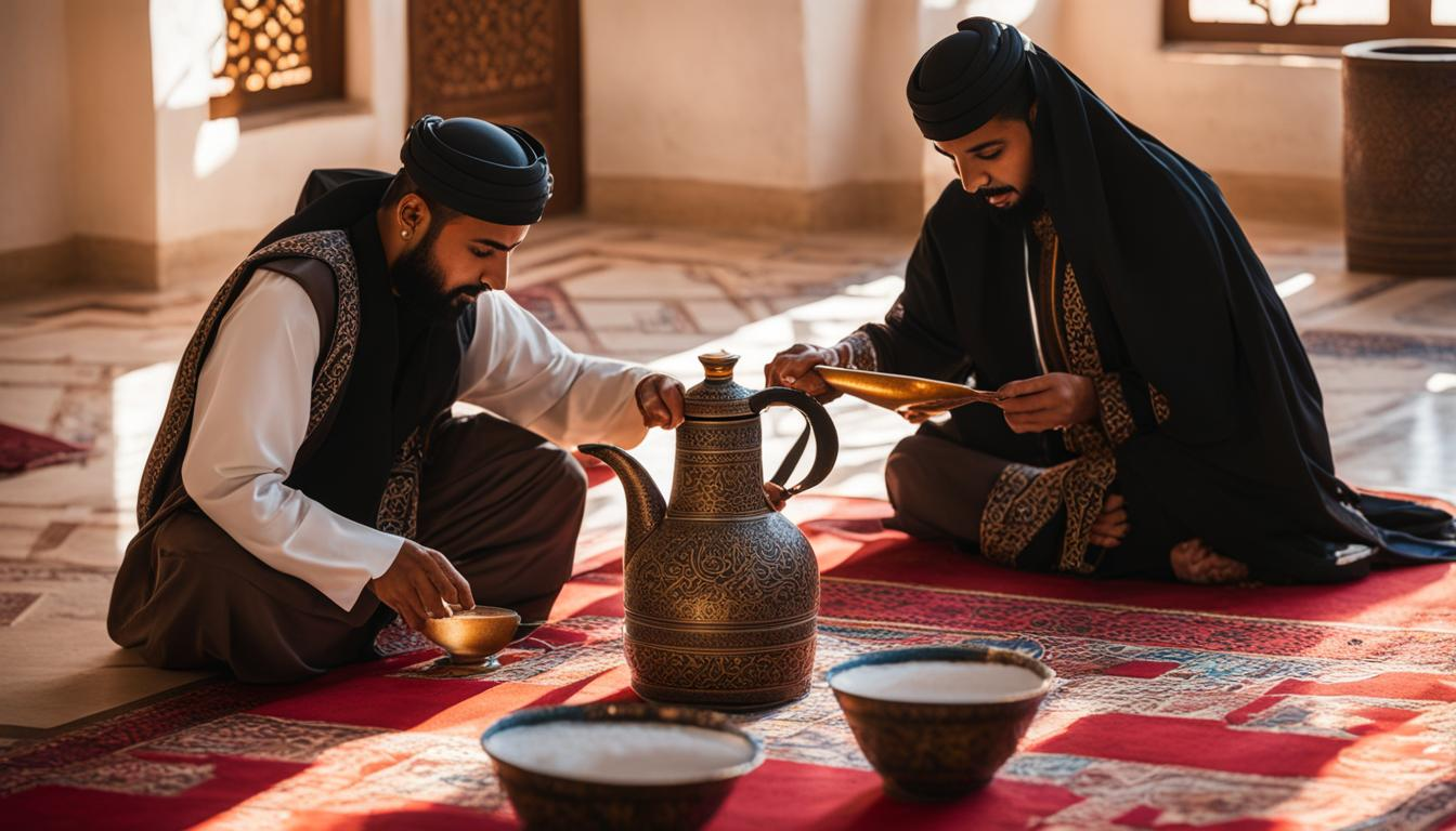 A beautiful Arabic dallah on a carpet with two men sitting around it - (Credits Trip Jive)