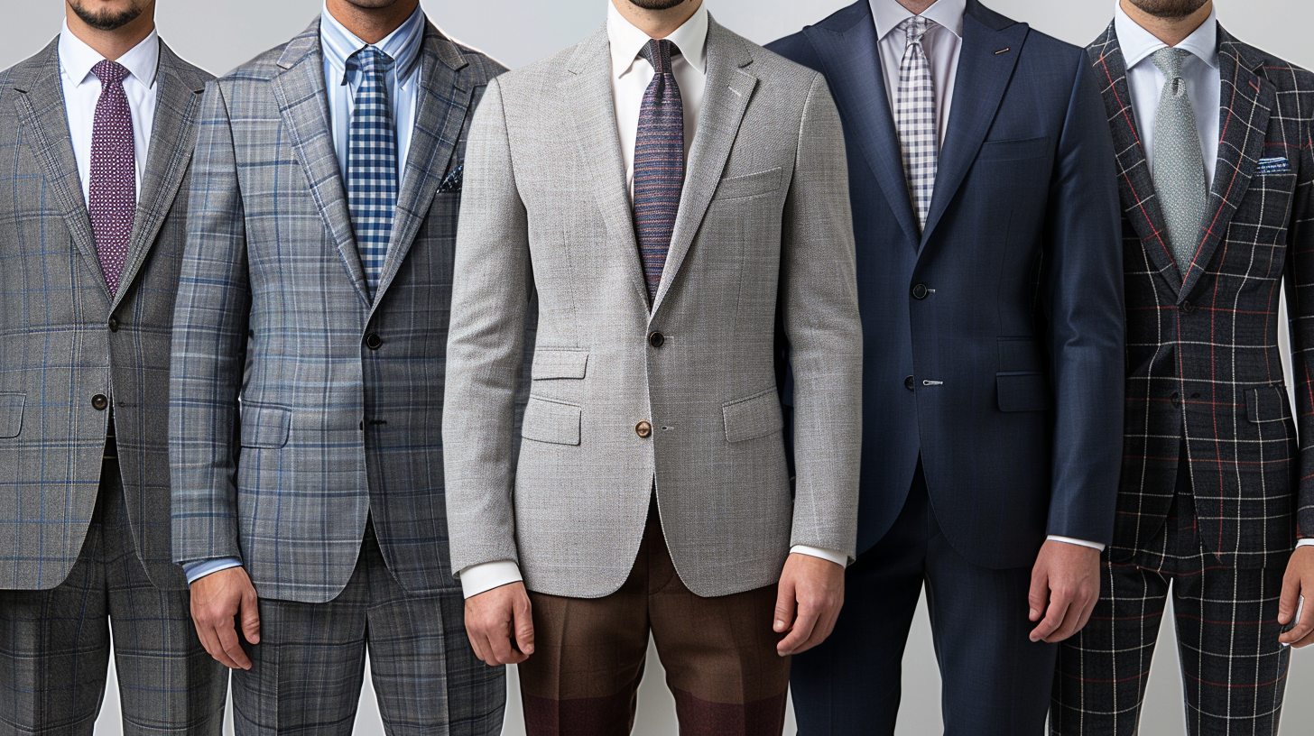 Six men in tailored suits, each showcasing a distinct pattern or finish: herringbone (subtle V-shaped weave), pinstripe (thin vertical lines), windowpane (large grid checks), glen plaid (overlapping checks), sharkskin (smooth and slightly shiny), and chalk stripe (bold, retro-style stripes). Neutral and classic color palette--gray, navy, charcoal. Posed against a minimalist studio backdrop for clear contrast of textures and patterns.