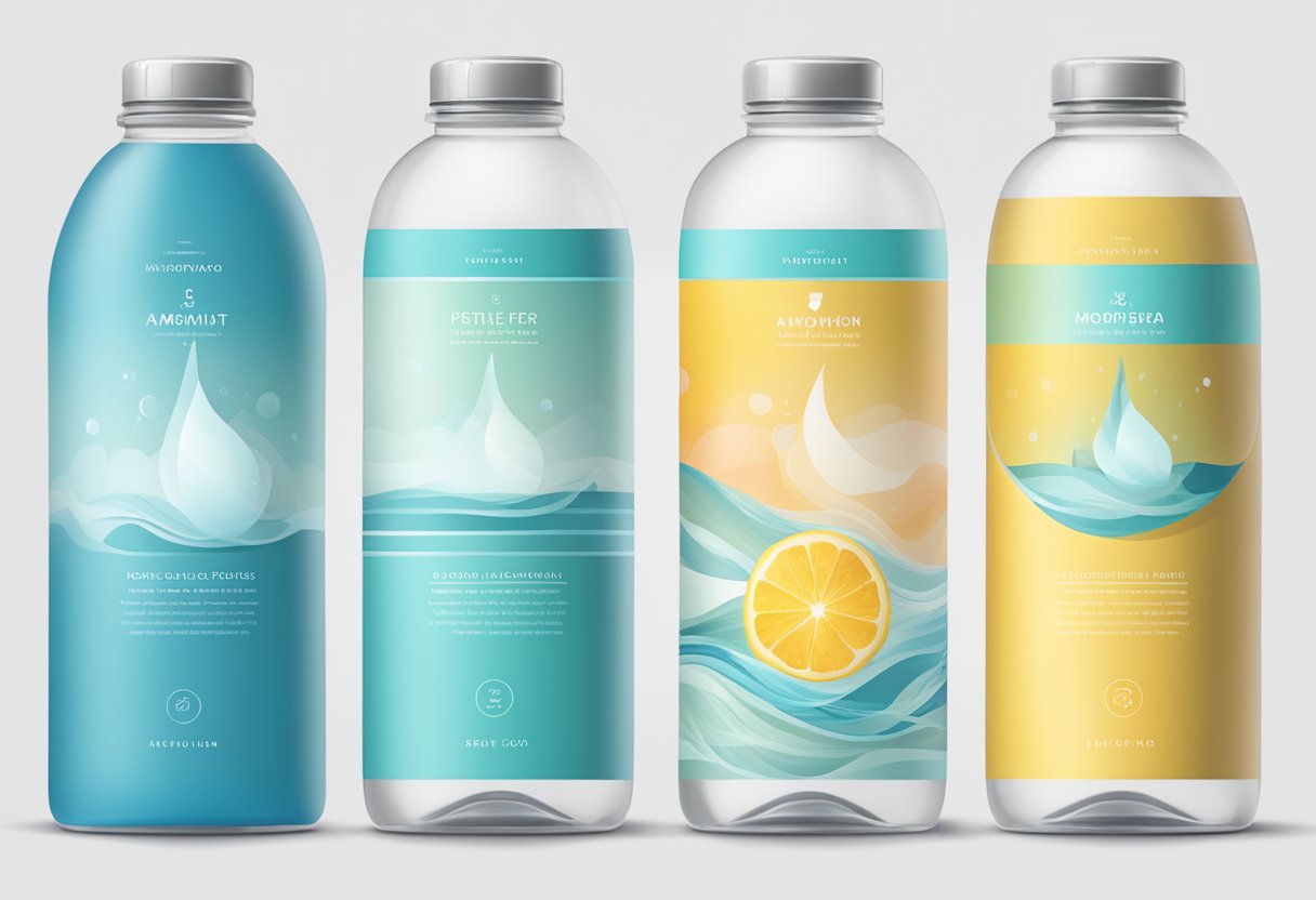 Water bottles with sleek, modern fonts arranged in a clean, minimalist layout. Bright, refreshing colors and a sense of hydration and wellness