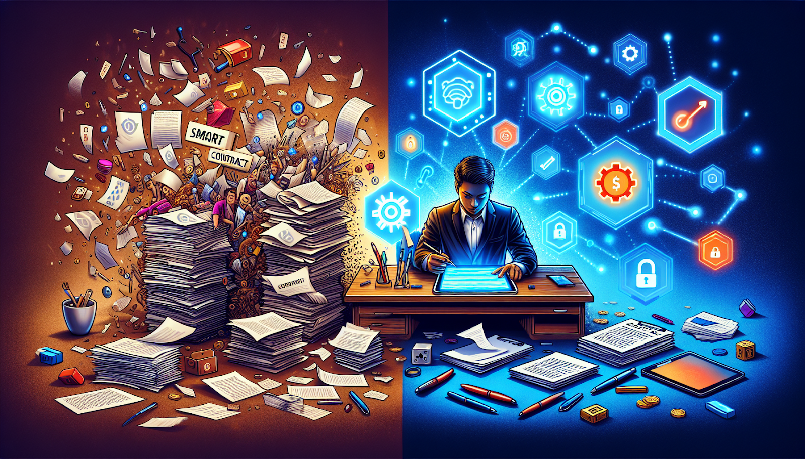 An illustration highlighting the advantages of smart contracts over traditional contracts.