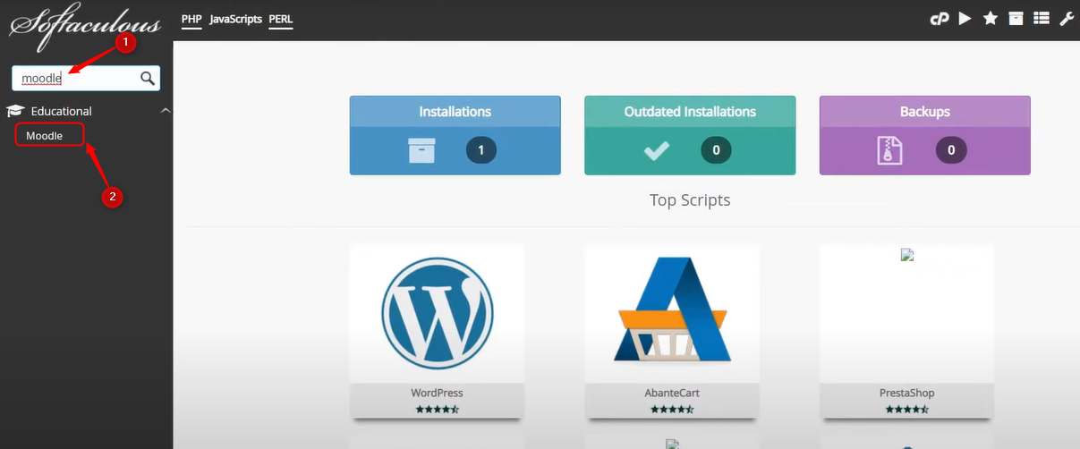 search moodle on softaculous