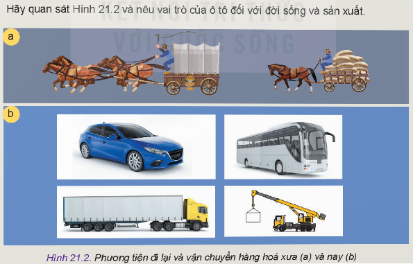 BÀI 21 - KHÁI QUÁT CHUNG VỀ Ô TÔMỞ ĐẦUCH1: Hình 21.1 cho thấy ô tô được tạo từ nhiều bộ phận khác nhau. Em hãy kể tên một số bộ phận chính của ô tô.Đáp án chuẩn:Bộ phận chính: hệ thống truyển động, khung dầm xe, hệ thống treo.I. VAI TRÒ CỦA Ô TÔ TRONG ĐỜI SỐNG VÀ SẢN XUẤTCH1: Hãy quan sát Hình 21.2 và nêu vai trò của ô tô đối với đời sống và sản xuất.Đáp án chuẩn:Vai trò: là phương tiện giao thông vận tải, cơ giới hóa lao động sản xuất.II. CẤU TẠO CHUNG CỦA Ô TÔ