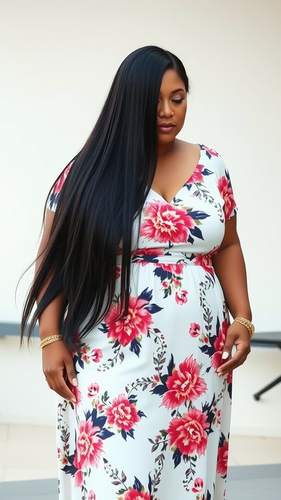 A woman with long straight hair styled with a side part, wearing a floral dress.