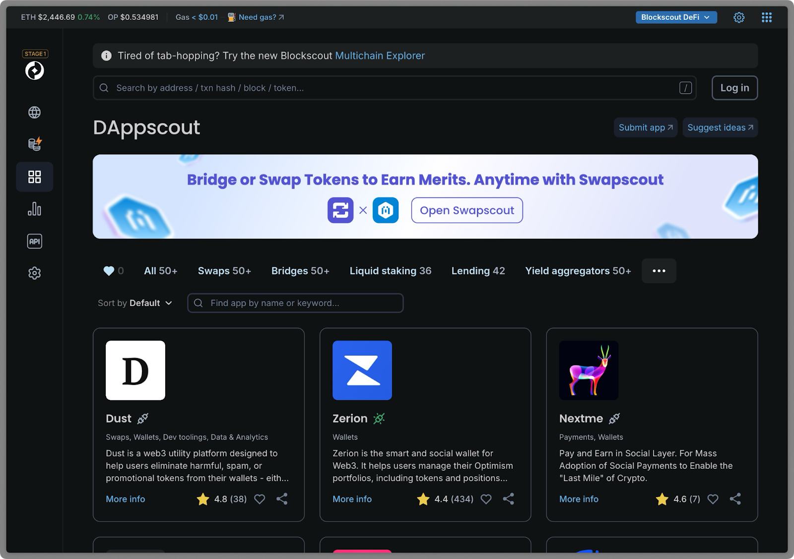 dappscout find dapps onchain defi web3 swaps bridges liquid staking lending yield