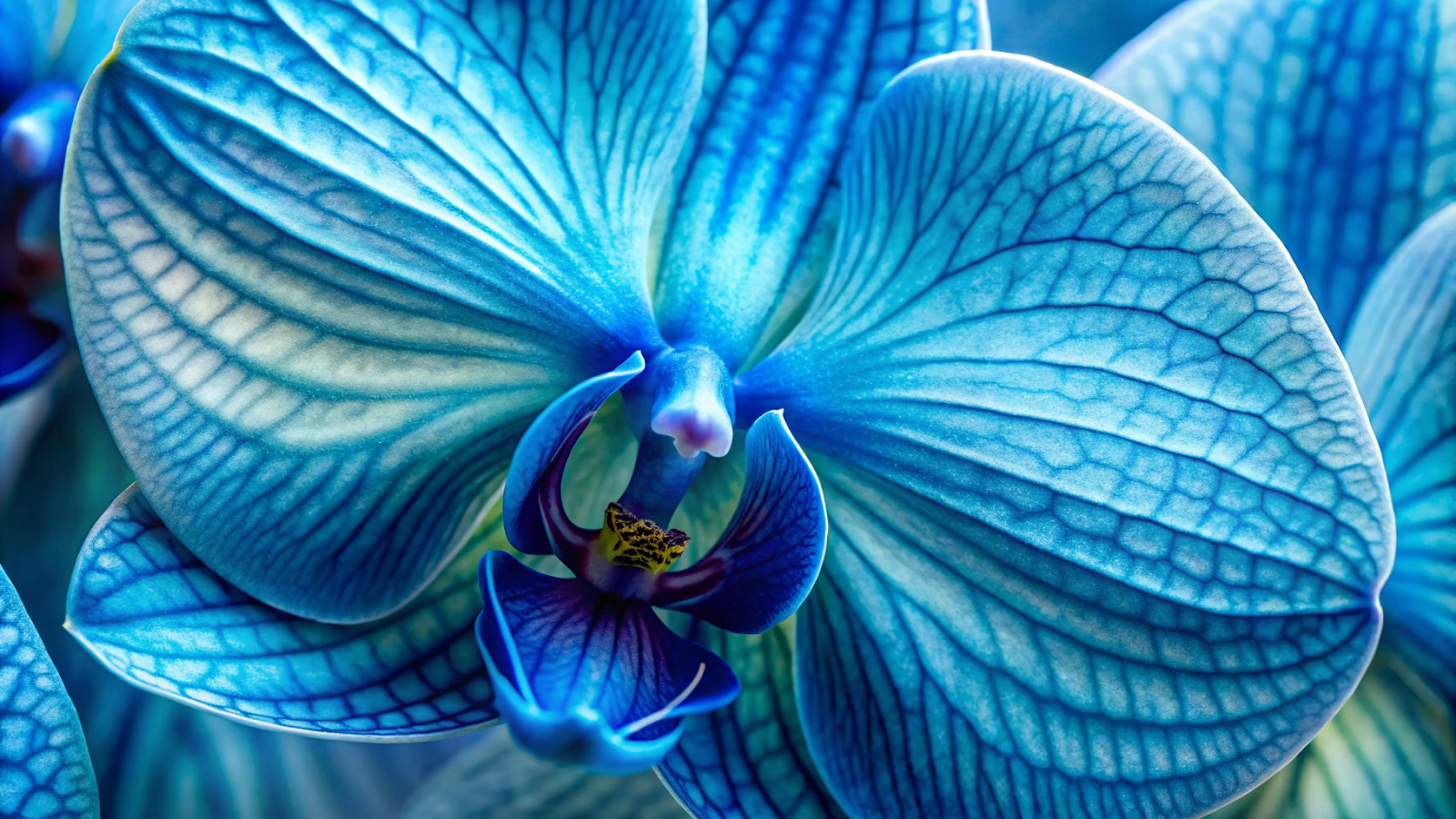 Detalhe macro de pétala de orquídea azul mostrando textura e padrões