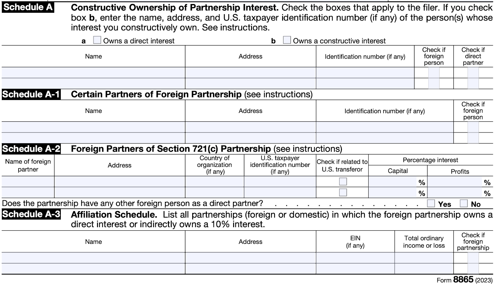 A screenshot of Schedule A-3: Affiliation Schedule on Form 8865.