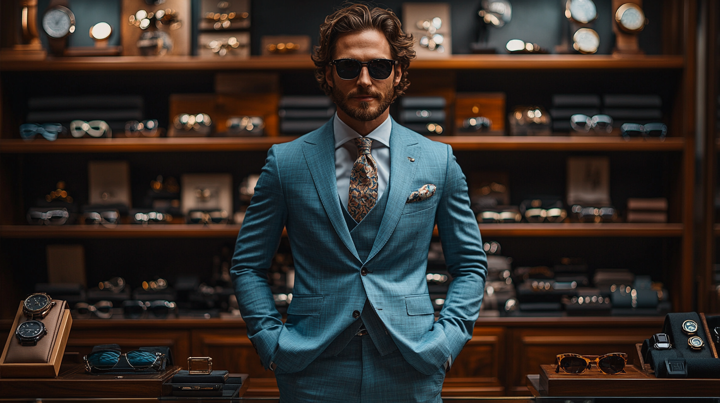 A stylish gentleman in a perfectly tailored light blue suit, standing confidently in front of a luxurious display of accessories. Surrounding him are floating silk ties in rich patterns, polished leather dress shoes, elegant cufflinks, luxury wristwatches, and designer sunglasses--all arranged in an artistic, high-fashion composition. A soft spotlight highlights the textures and details, creating a sleek, modern, and sophisticated atmosphere. Hyper-realistic, fashion editorial style, high contrast, sharp details, cinematic lighting, and a stylish bokeh effect in the background.